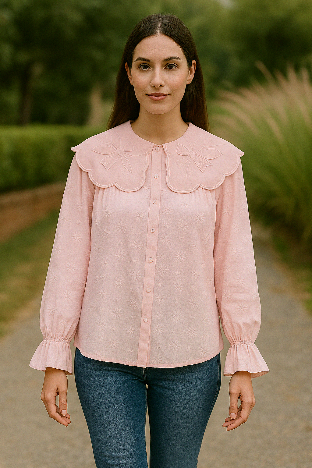Blush Pink Embroidered Floral Collar Top