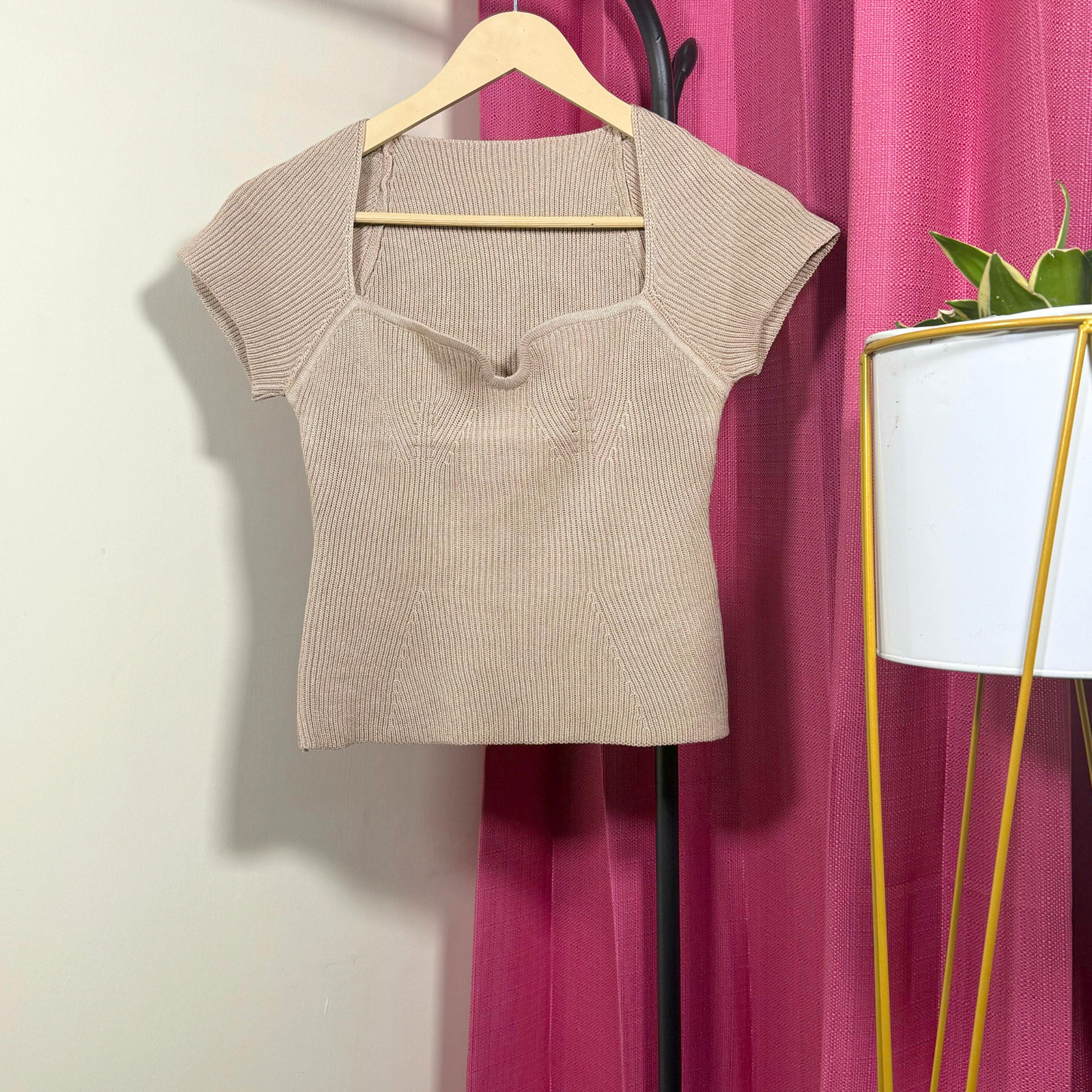 Nude Latte Snatched Fit Ribbed Knit Top