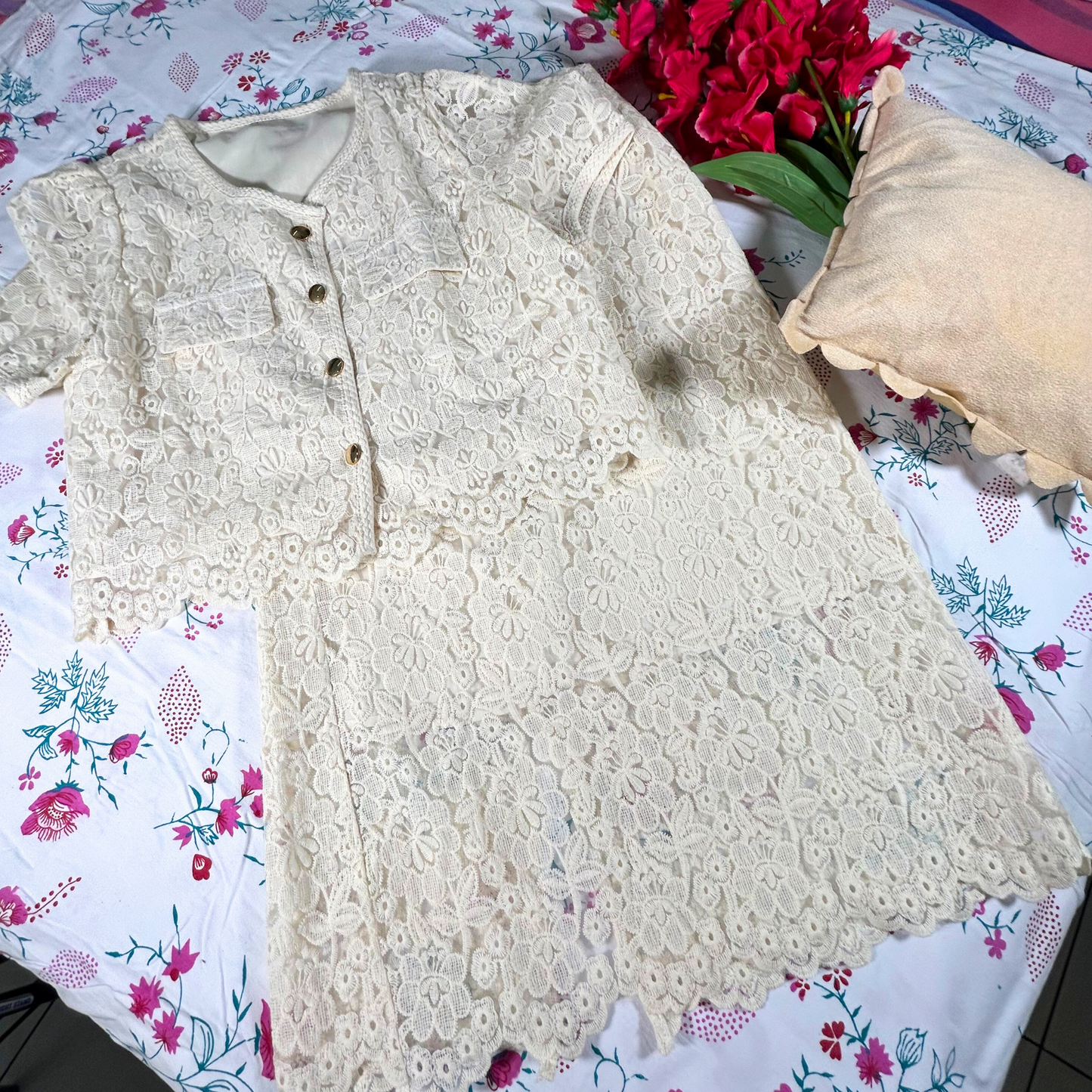 Ivory Bloom Net Skirt Co-ord set