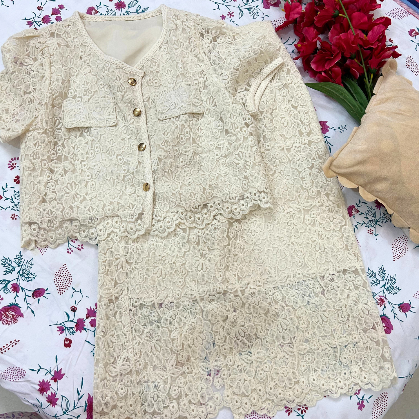 Ivory Bloom Net Skirt Co-ord set