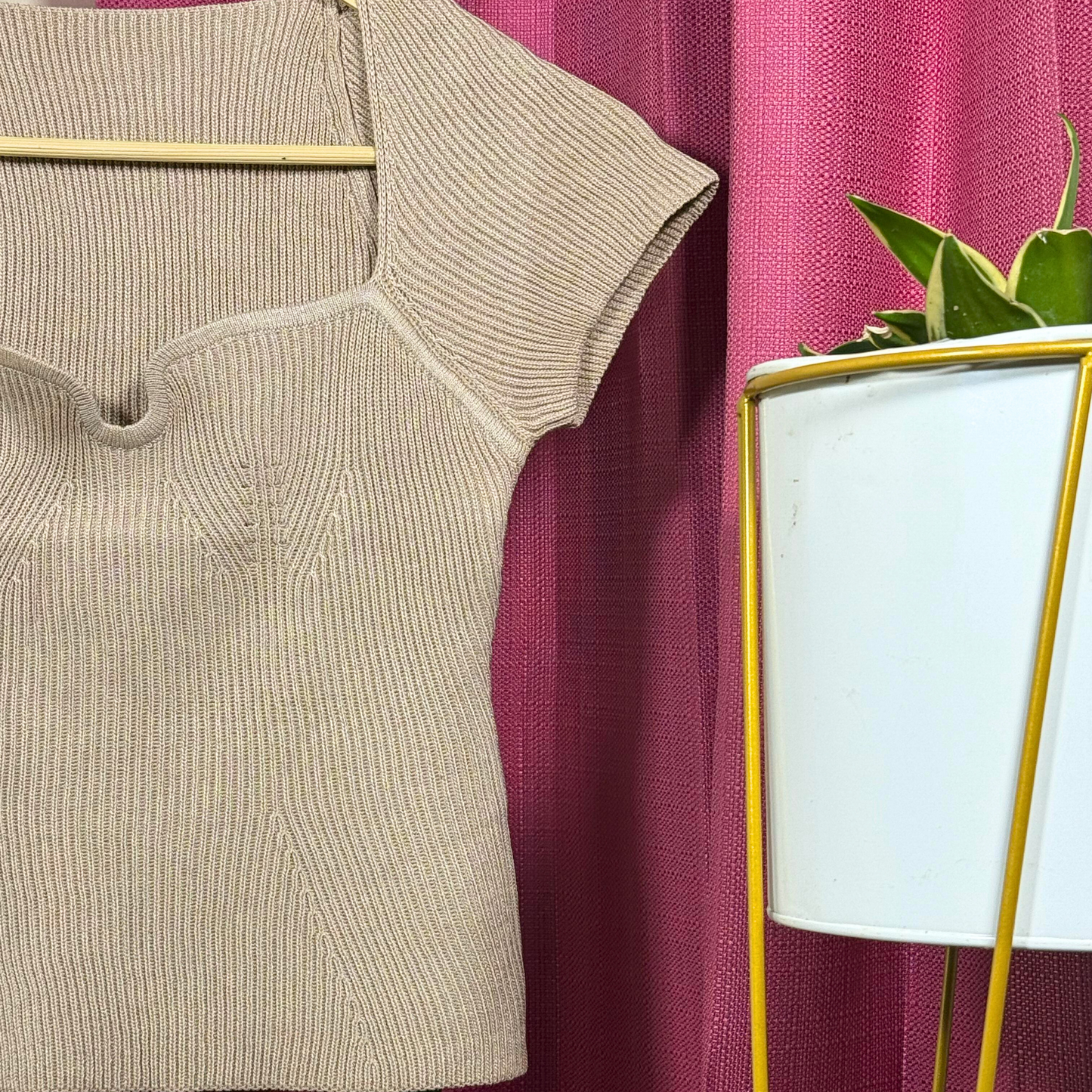 Nude Latte Snatched Fit Ribbed Knit Top