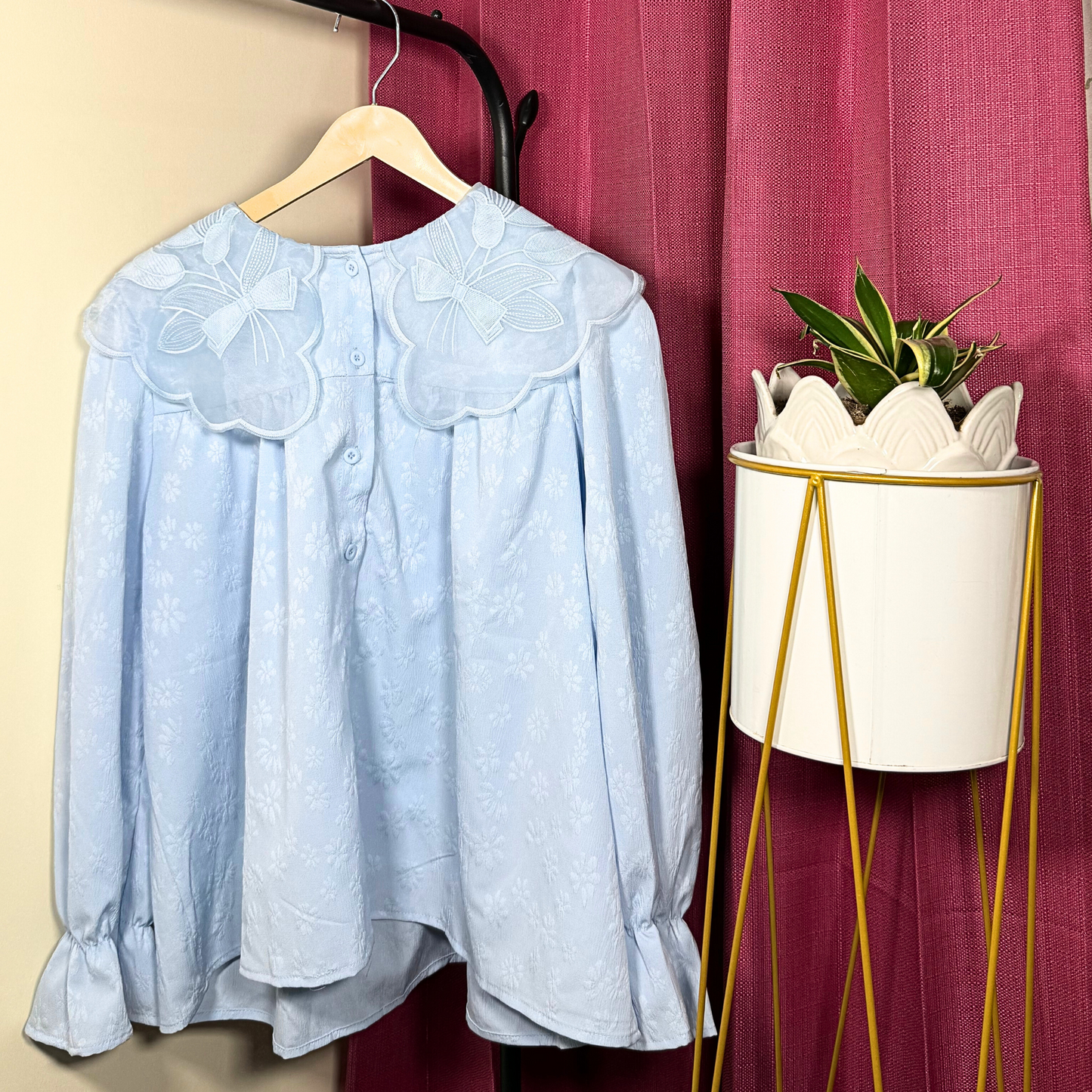 Powder Blue Embroidered Floral Collar Top