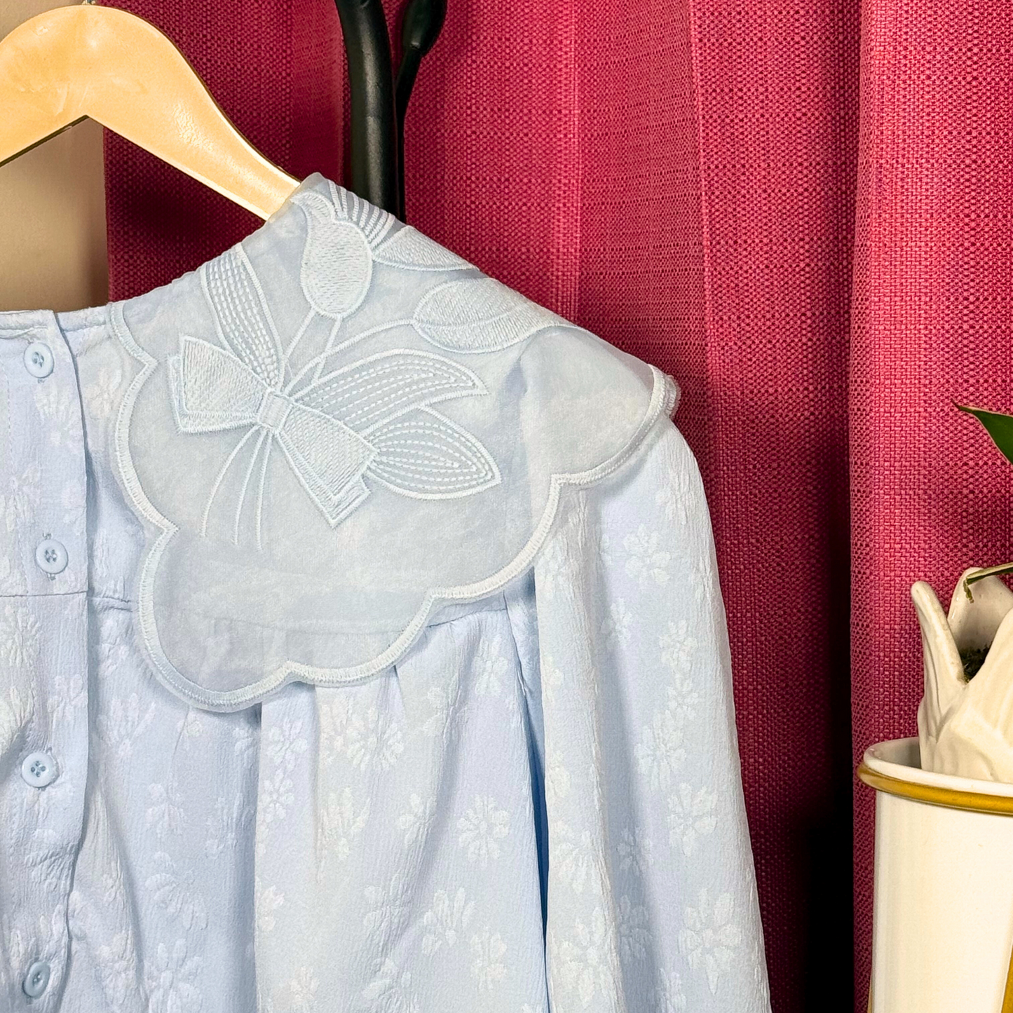 Powder Blue Embroidered Floral Collar Top