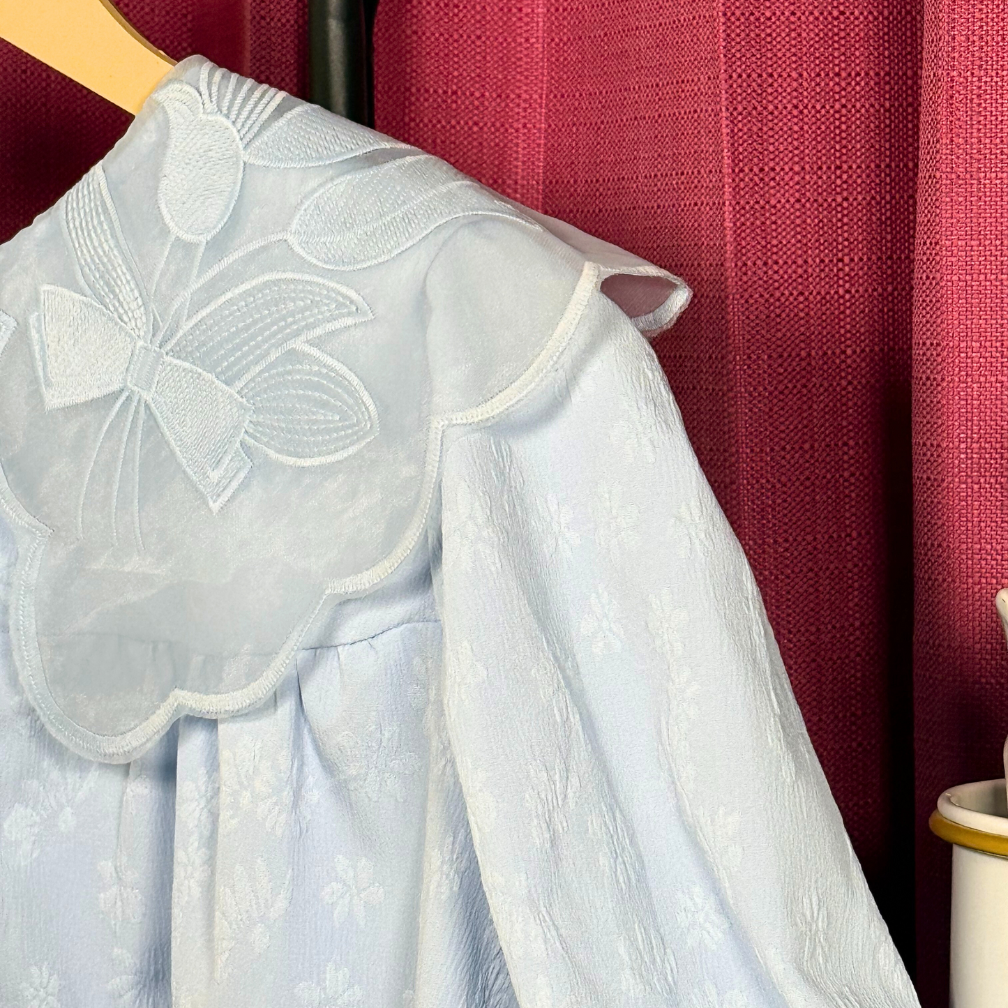 Powder Blue Embroidered Floral Collar Top