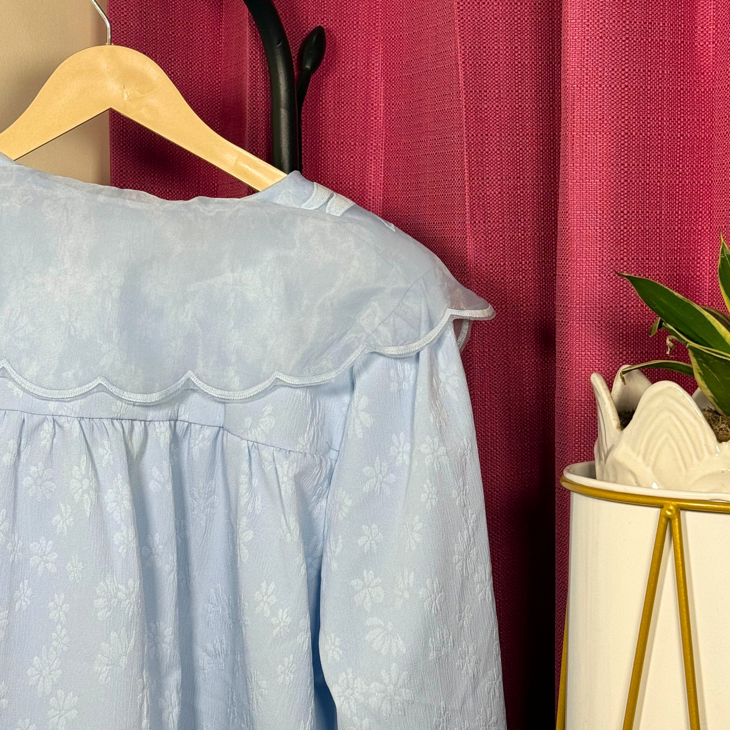 Powder Blue Embroidered Floral Collar Top
