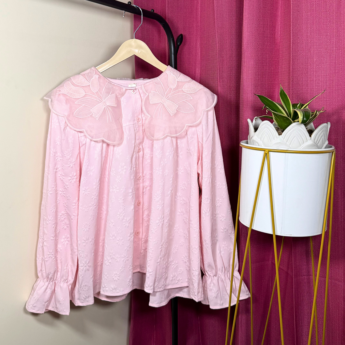 Blush Pink Embroidered Floral Collar Top