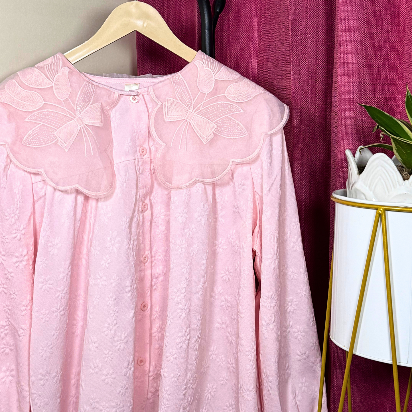 Blush Pink Embroidered Floral Collar Top