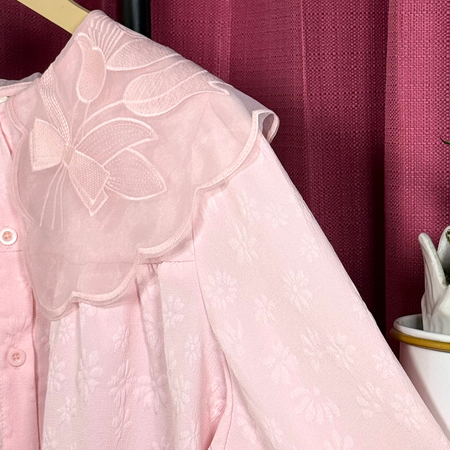 Blush Pink Embroidered Floral Collar Top