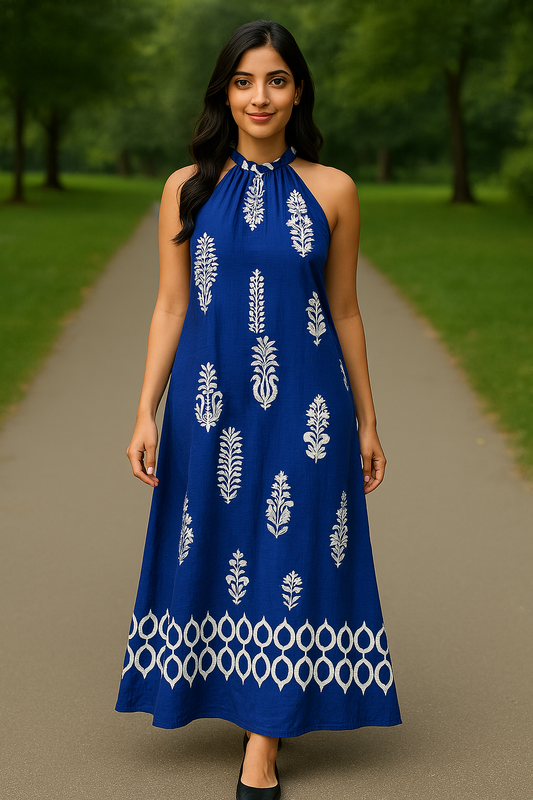 Indigo Bloom Halter Neck Belted Dress