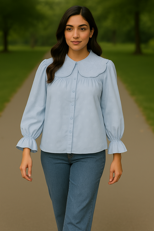 Powder Blue Embroidered Floral Collar Top